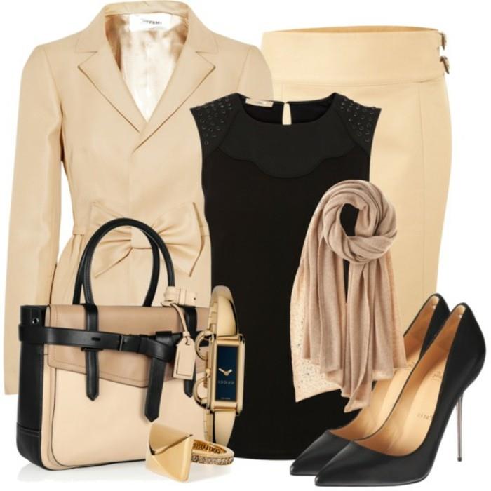 verslo-apranga-moteris-idėja-klasikinė vizija su stiliumi smėlio ir juodos spalvos