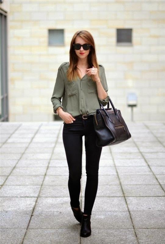 paprasta ir elegantiška vizija-moteris-komercinė apranga su juodomis kelnėmis ir chaki spalvos marškinėliais