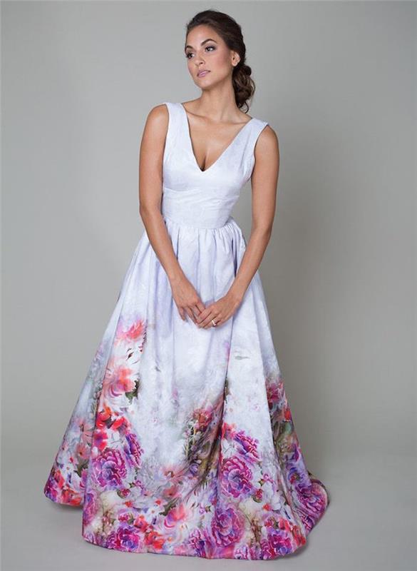 kmečka elegantna poročna koktajl obleka, bela poročna obleka s cvetjem