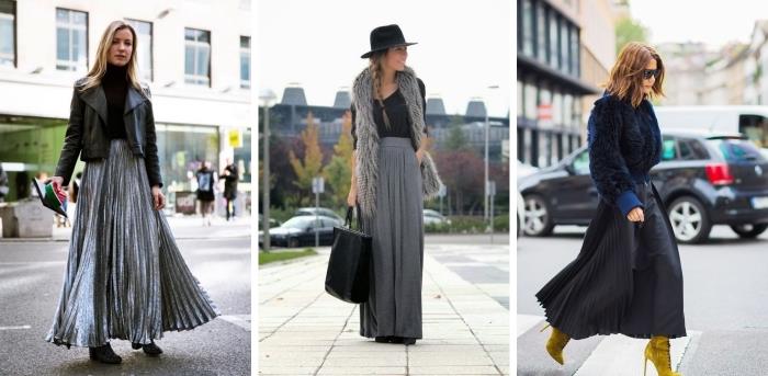 zamisel, kako nositi dolgo tekoče krilo, žensko obleko v pisarni v črno -sivi barvi z dolgim ​​krilom in kratko usnjeno jakno
