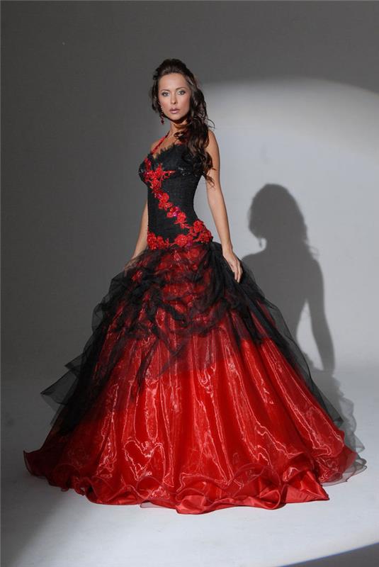 kokteilinė suknelė prašmatnioms raudonoms ir juodoms vestuvėms, originalus nuotakos aprangos modelis