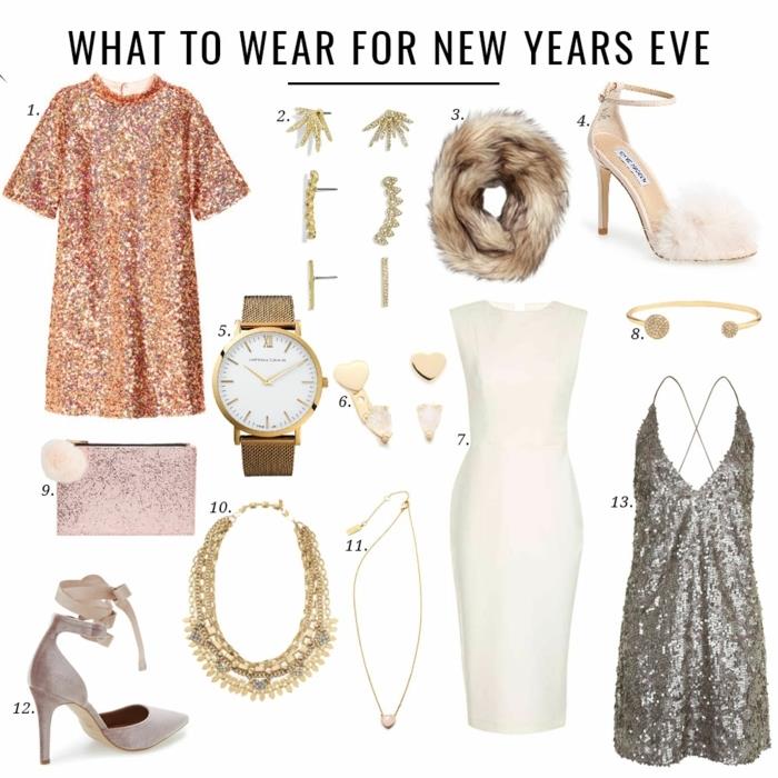 yeni yıl kıyafeti için moda parçalar, payetli trapez elbise, zarif altın kadın saati, kürk yaka, şık takılar, pembe debriyaj, ten rengi pompalar