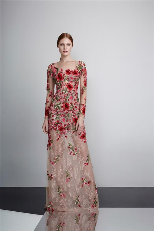 vestuvinė suknelė moters ceremoninė suknelė su raudonų rožių siuvinėjimu ir pusiau permatomu efektu ant sijono