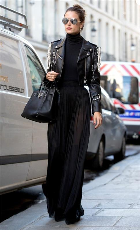 rokerės moters apranga, juodas ilgas sijonas, juodas krepšys, odinė striukė, sukilėlių moters apranga