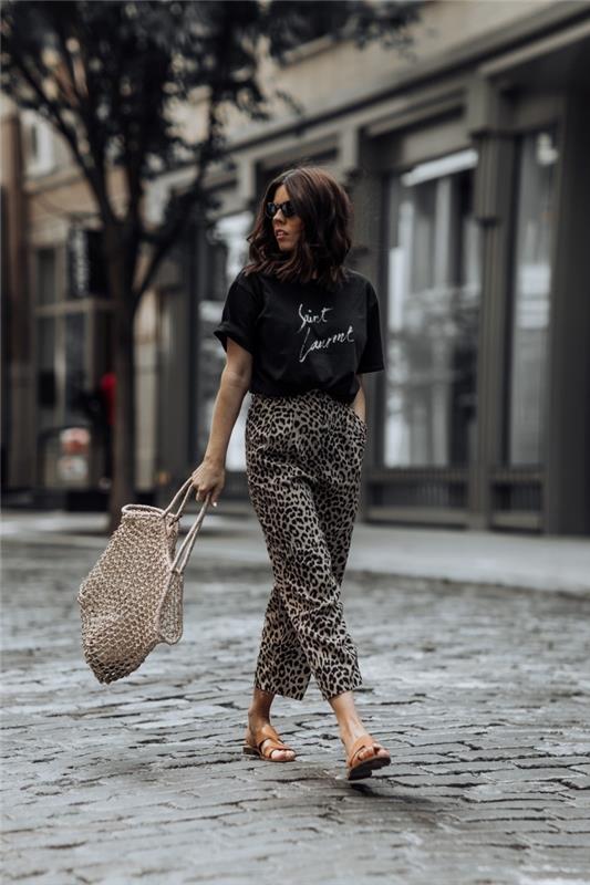 madinga apranga moteris kelnės gyvūnų modeliai leopardo kupranugario sandalai juodi marškinėliai