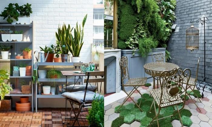 okras zelenih rastlin na terasi, majhna postavitev balkona s policami za rože, kovinski stoli in miza, zelena stena