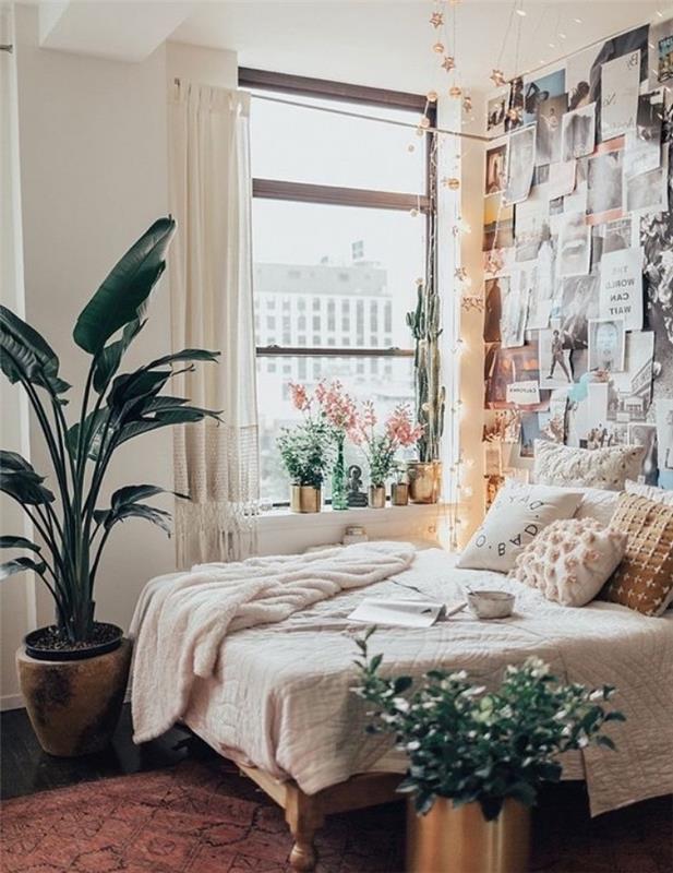 vzglavje, da si na fotografijah natisnete patchwork steno, belo posteljnino, orientalsko preprogo, rastline, dekoracijo spalnice z lastnimi rokami