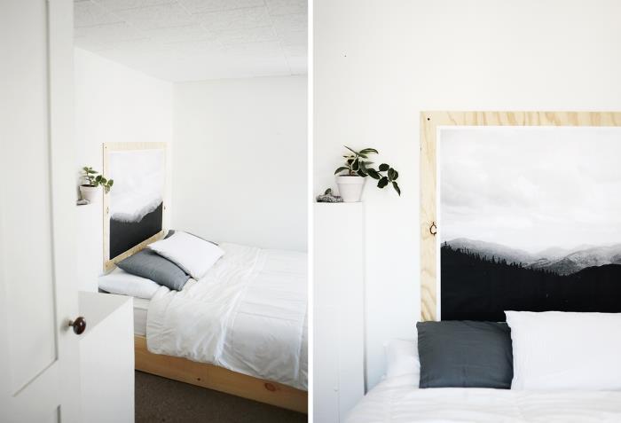 küçük beyaz yatak odasında minimalist tarzda iç tasarım, beyaz ve siyah manzara ile diy kontrplak ahşap başlık