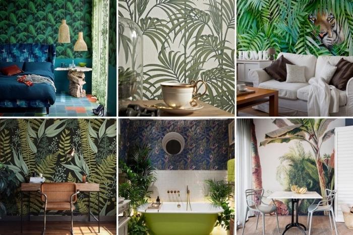 modernus interjero dizainas su atogrąžų džiunglių tapetais, miegamojo apdaila žalia ir tamsiai mėlyna, vonios kambario dizainas egzotišku stiliumi