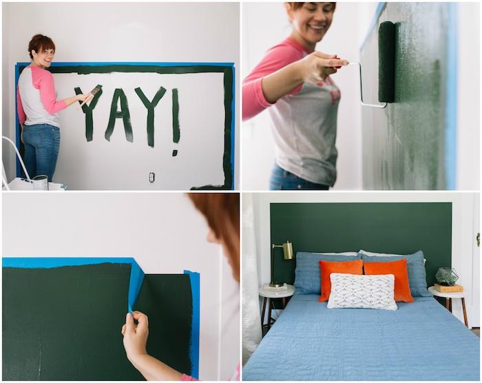 imitacija vzglavja s kvadratno zeleno barvo za posteljo, oranžno in modro posteljnino, enostavno DIY