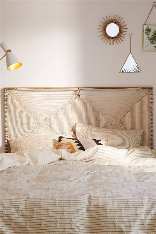 diy makrome başlık bej halat dekorasyon küçük bohem yatak odası ayna güneş duvar sanatı kurutulmuş çiçekler beyaz başucu lambası