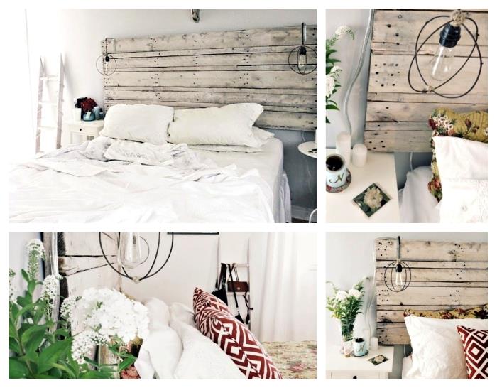 naredite vzglavje palete, zamislite, kako spalnico urediti v skandinavskem slogu z lesenim pohištvom