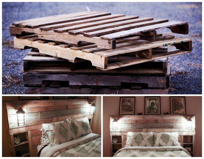 vadnica za vzglavje, kako s paletami narediti leseno omarico, spalnica za odrasle s fotografijami in svetilkami