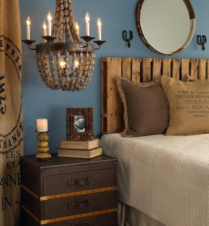kaj storiti s paletami, postavitev spalnice v modri in rjavi barvi z lesenim pohištvom