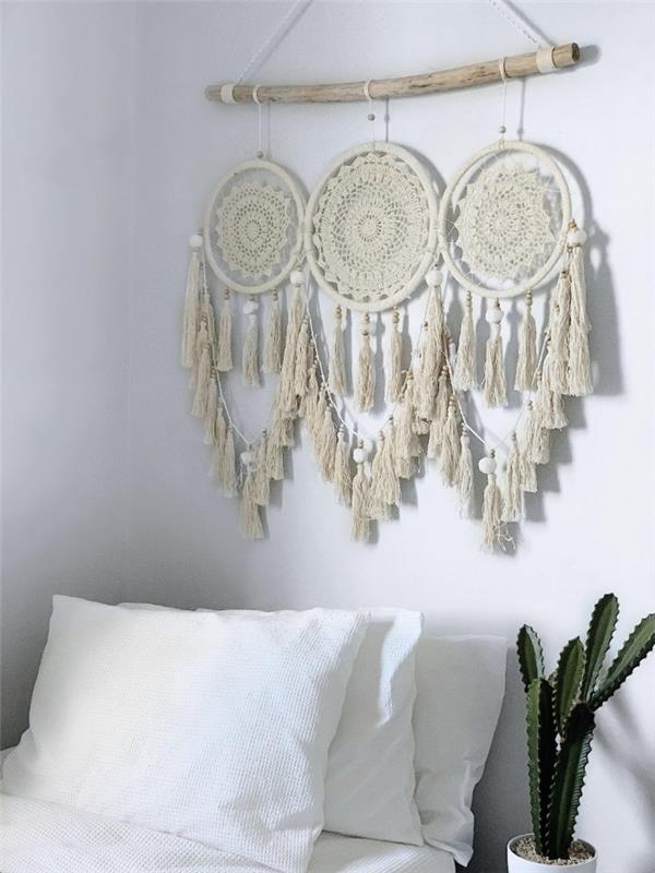 Makrame vzglavje v boemskem elegantnem slogu moderna boho dekoracija spalnice kaktus lonec cvet bela