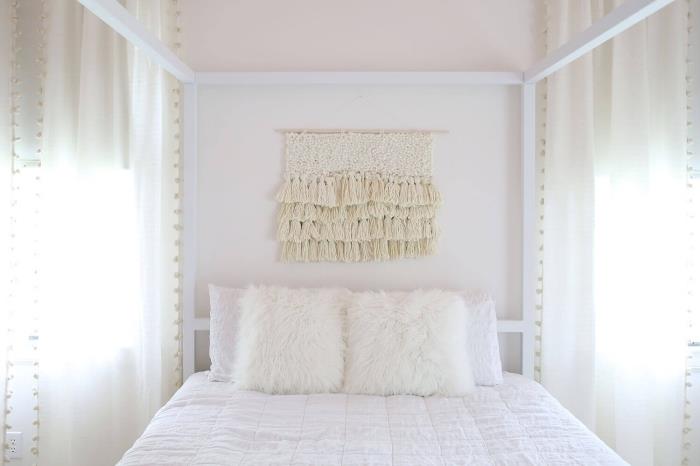 beyaz bir kız odasında romantik bir dekor nasıl oluşturulur, makrome düğümlü duvar süsü örneği, kendin yap yatak odası dekorasyonu