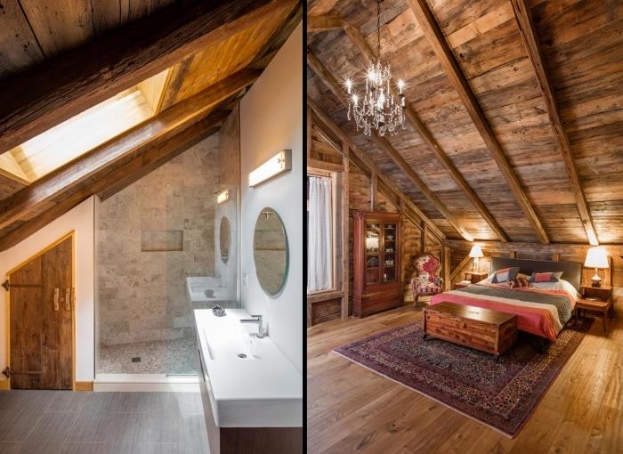 Yenilenmiş bir ahırda çatı katı düzeni fikri, ahşap mobilyalar ve küçük banyo ile yamaç altında rustik yatak odası tasarımı