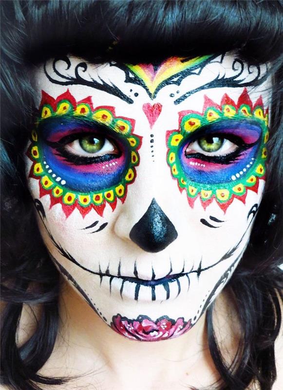 spalvingas moterų skeleto makiažas Meksikos stiliaus vakarėliui