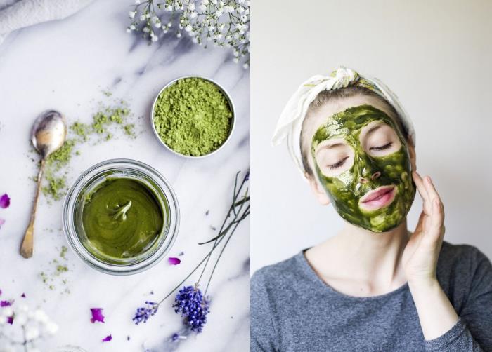 natūrali veido kaukė su medumi ir matcha žaliosios arbatos milteliais, kad būtų išvalytas ir maitinamasis poveikis, kokie yra matcha miltelių privalumai
