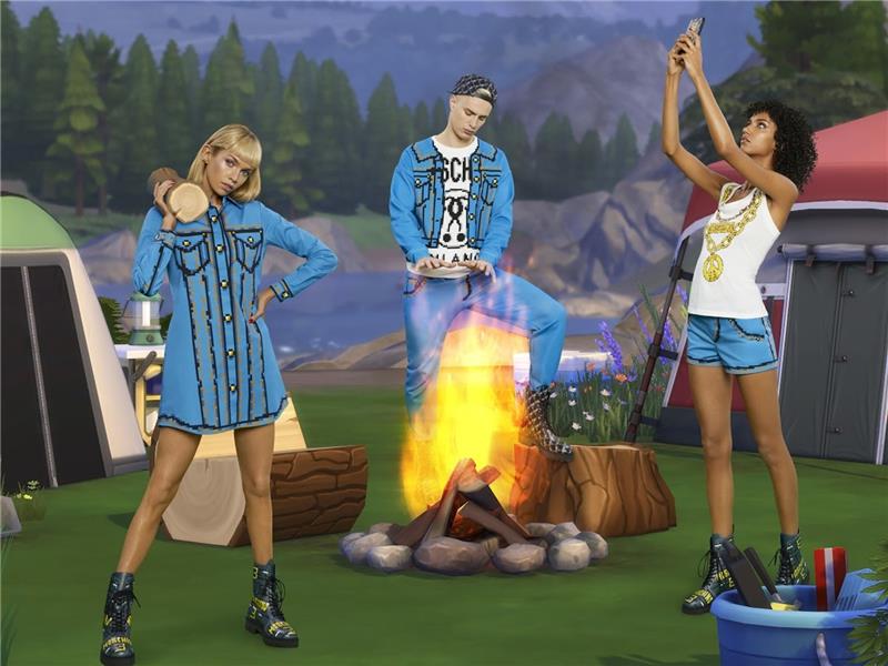 podoba lookbooka zbirke kapsul Moschino X The Sims in njenih piksiranih oblačil