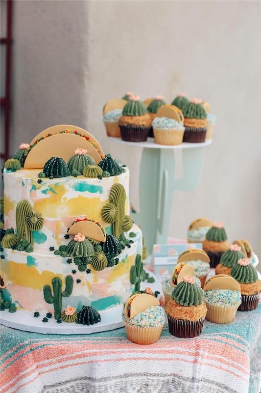 Meksikos fiestos kaktuso gimtadienio temos dekoras su keksiukais ir kaktuso pyrago dekoravimo tešla