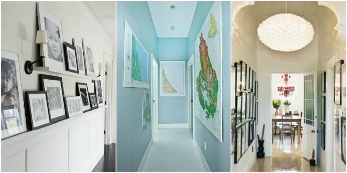 tri ideje za dekor hodnika, bela tema s policami z uokvirjenimi črno -belimi fotografijami, bledo modra tema z zemljevidi na stenah, klasična tema z uokvirjenimi fotografijami in svetilko