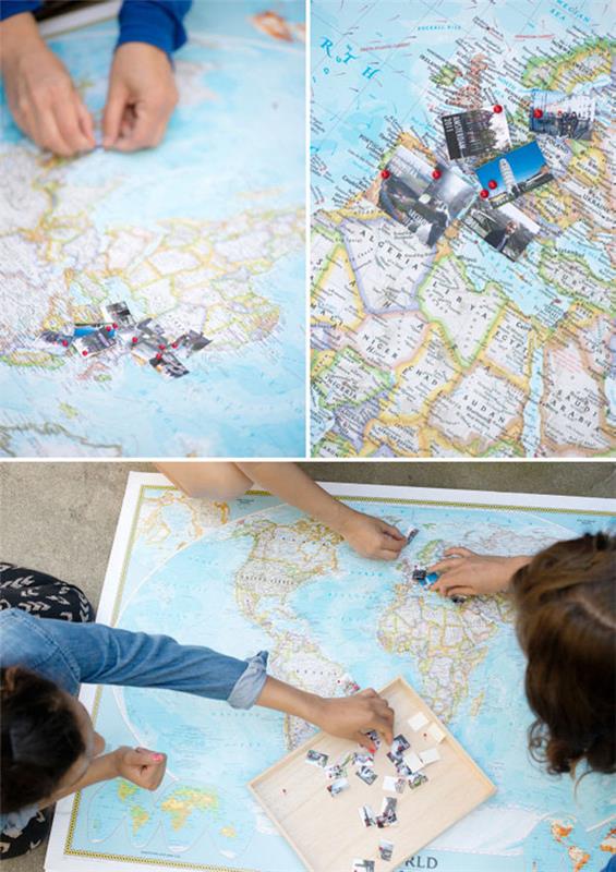 üç kişi, büyük bir dünya haritasında küçük resimleri sabitliyor, yakın çekimler, resimlerin önemli noktaların küçük fotoğrafları olduğunu ortaya koyuyor