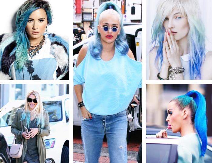 saç boyama, Demi Lovato'nun uzun saçlı ve renkli mavi uçlu saç modeli, Rita Ora mavi bukleli atkuyruğu ile bağlanmış saçlar