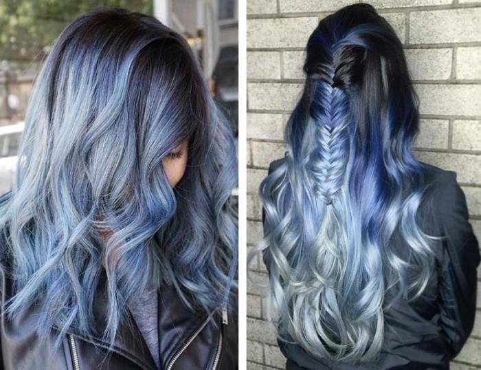 pastel gri ve mavi gölge tekniği ile renklendirilmiş uzun kıvırcık temel siyah saç saç modeli