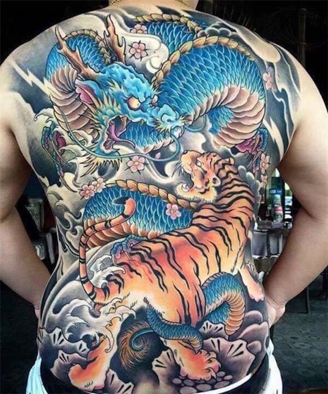 tatuiruotė drakono tigro idėja pilna tatuiruotė japonų drakono tigras Japonija