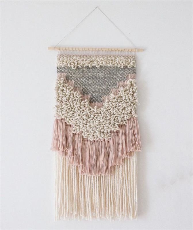 pastelinis macrame deco miegamojo sienų dekoravimui ir „pasidaryk pats“ vilnonių sienų audimui