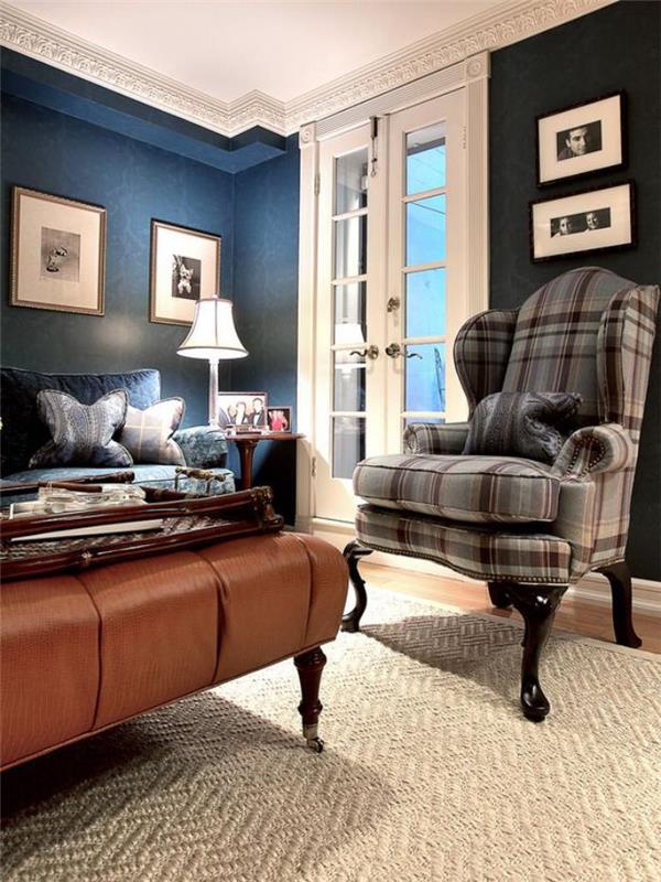 Škotske-tkanine-škotski-naslanjač-miza-rjave-usnje-impozantne-modre stene