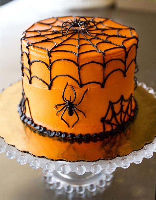 örümcek ağı eritilmiş çikolatalı kek cadılar bayramı örümceği ganaj portakallı buzlu dekorasyon kolay tatlı örümcek