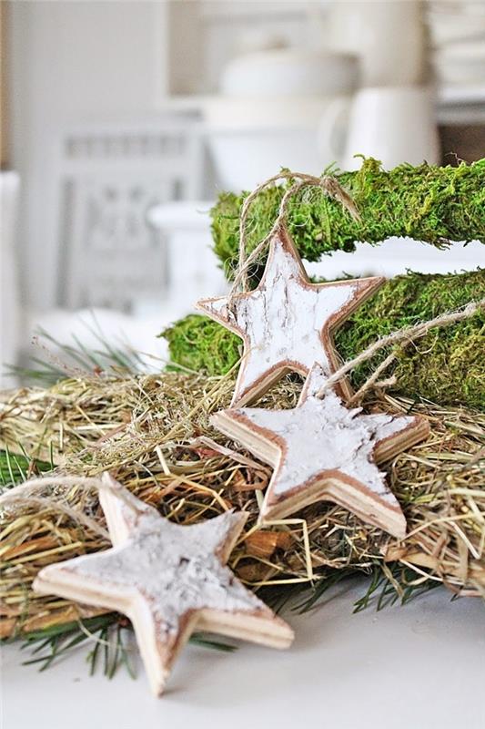 yıldızlar ağartılmış ahşap Noel ağacı süsleri DIY Noel süsleri yosun kurutulmuş dalları