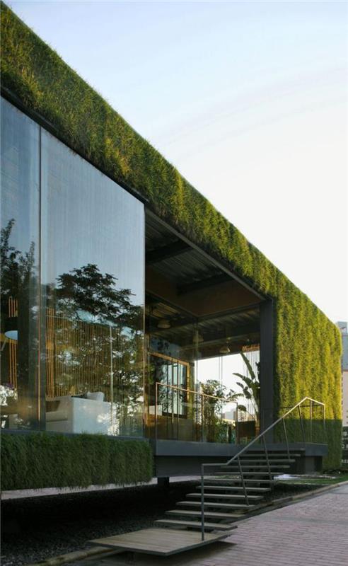 žalias stogas-modernus pastatas-kubinė architektūra