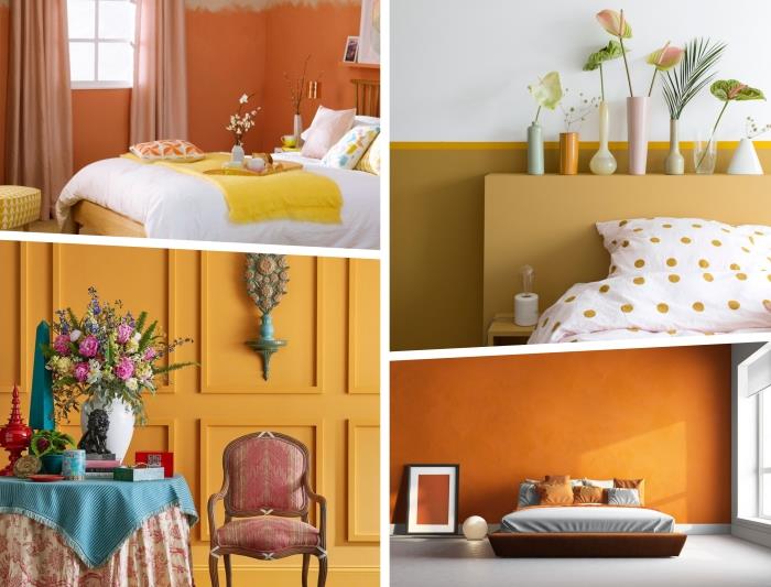 ideje za barve spalnice 2019, primer dvobarvne barve v gorčično rumeni in beli barvi, spalnica s sivimi in oranžnimi stenami