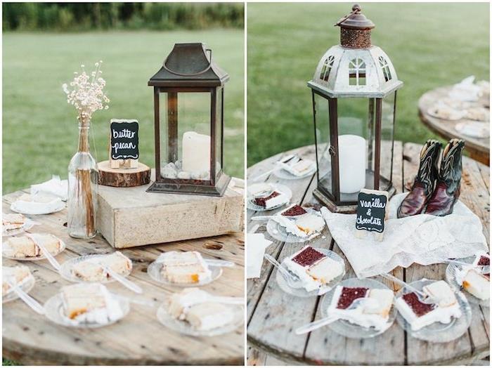 vestuvinio torto gabalėliai ant medinio malūnėlio, žibintai su žvakėmis, butelis su džiovintomis žolelėmis ir medinis rąstas