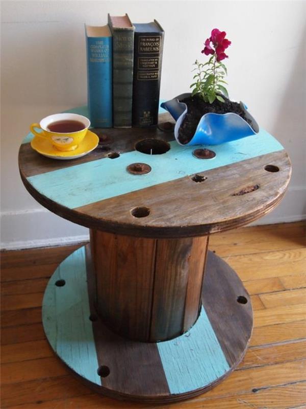 zamisel, kako prilagoditi mizo v kolutu, barvo z modrimi črtami, surov bous, knjige, vinilni cvetlični lonec in skodelico čaja