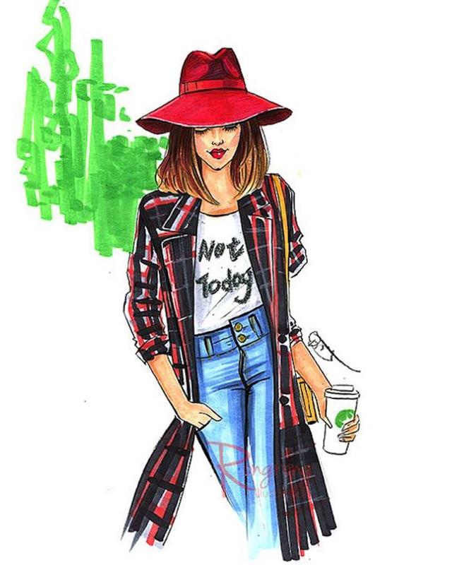 dekle, oblečeno v kavbojke, belo srajco, dolg plašč, rdeč klobuk, s skodelico kave, slike za risanje
