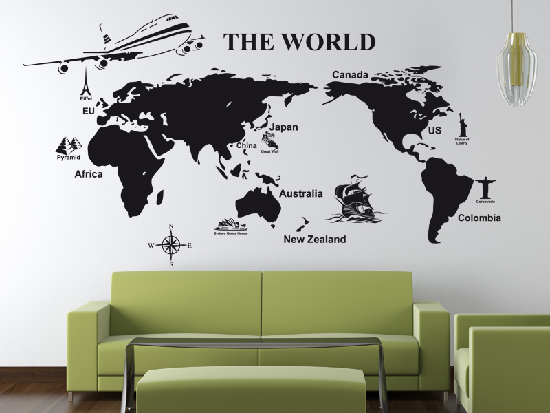plantilla en la pared con la imagen del mapa del mundo