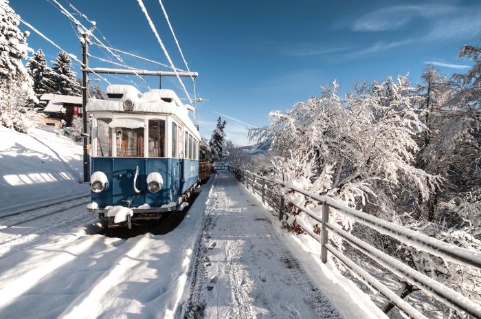 kışın dağlarda fotoğraf tren gezisi, bir tren ve karla kaplı iğne yapraklı ağaçlar ile güzel Noel manzarası