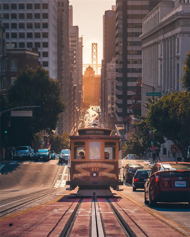 San Francisco tramvay ve köprü duvar kağıdı manzarası, Çin manzarası, kentsel fotoğraf sanatı fikri