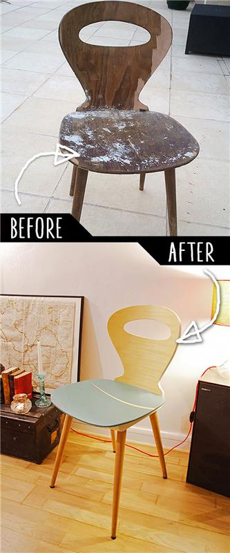 Sena kėdė paversta šaunia kėdė, prieš ir po nuotraukos, baldų pertvarkymas, kokiais dažais perdažyti medinius baldus