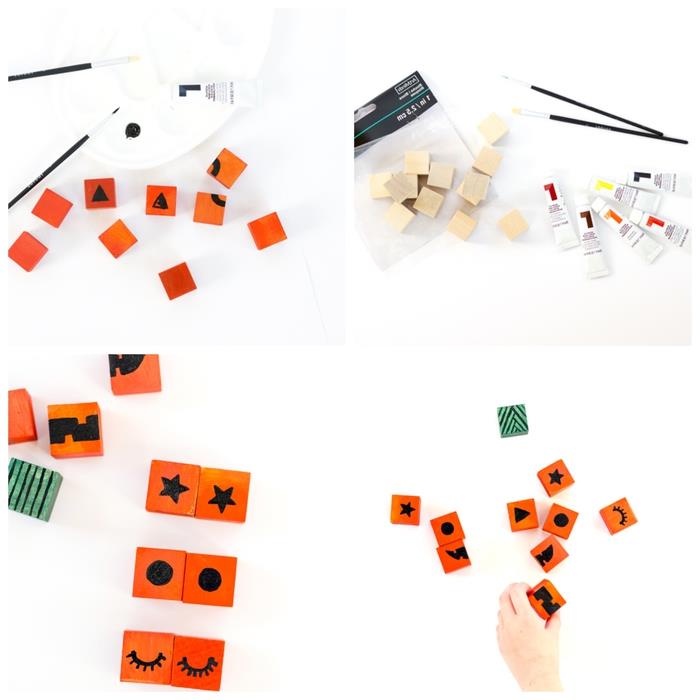 enostavna DIY vadnica s prebarvanimi lesenimi kockami, da skupaj z otroki sestavite sestavljanko iz bučk za noč čarovnic