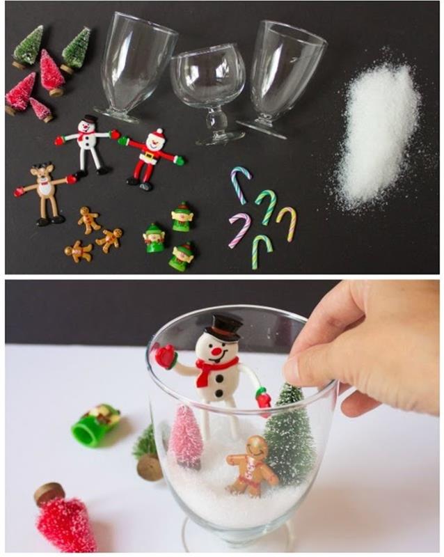 ideja za ročno dejavnost vrtca na božično temo, naredite lep terarij s sladkorjem in okrasnimi figuricami