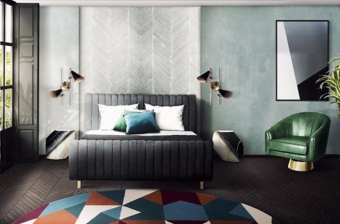 Modern yetişkin yatak odası orijinal dekor fikri görüntü dekorasyon yuvarlak halı geometrik desen