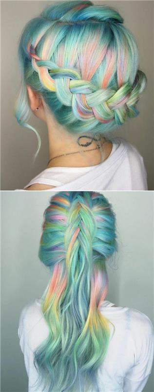 vaivorykštės spalvos plaukai, dvi pynimo idėjos, pynės karūna ir laisva puspintė, spalvinga ekstravagantiška moters šukuosenos idėja