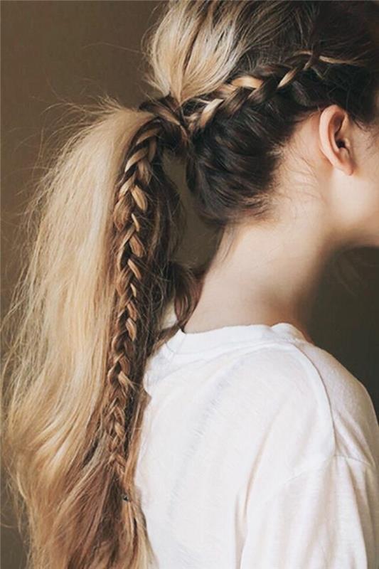 pletenica-frizura-original-pričeska-poletje-lasje-blayage-majica-bela-ženska