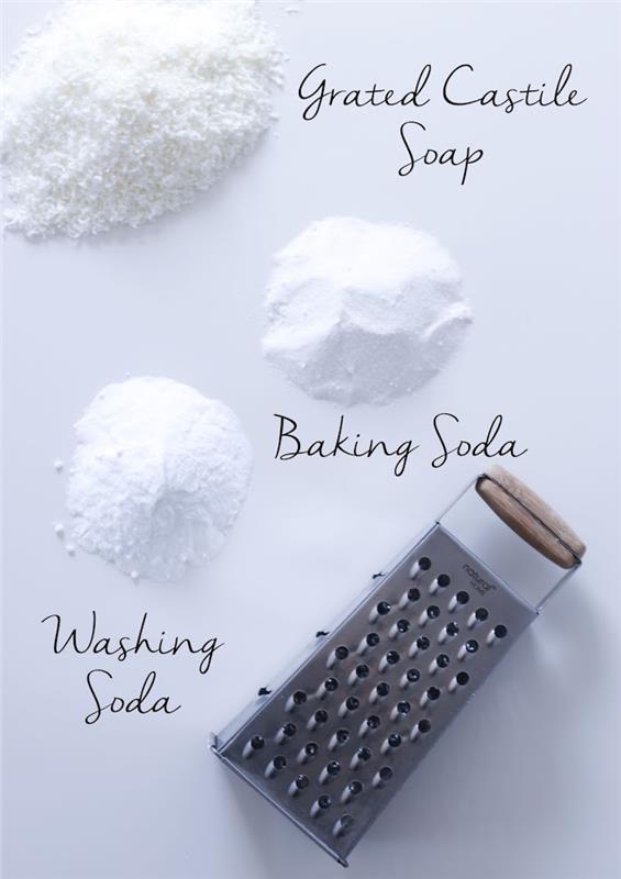 soda kristalleri kabartma tozu ve rendelenmiş kastil sabunu ile çamaşır tozunuzu yapmak için üçlü diy çamaşır tozu örneği 3 malzeme