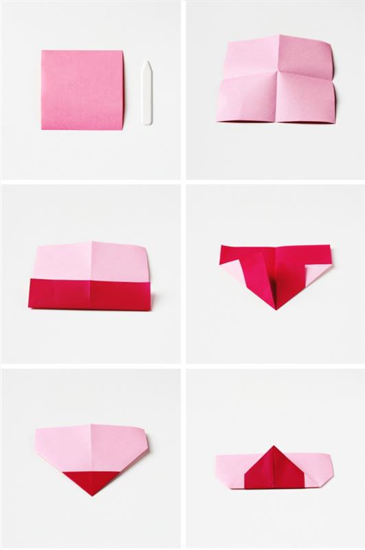 Origami kalp şeklinde bir yer imi yapmak için kağıt katlama eğitimi, Sevgililer Günü için kolay kendin yap fikri